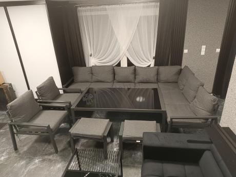 Grafitowe nowoczesne meble tarasowe dla 10 osób Sodor Corner XXL narożnik z 2 fotelami i 2 pufami - Dark Grey