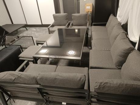 Grafitowe nowoczesne meble tarasowe dla 10 osób Sodor Corner XXL narożnik z 2 fotelami i 2 pufami - Dark Grey