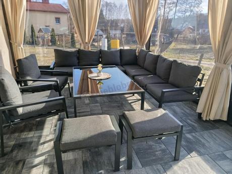 Grafitowe nowoczesne meble tarasowe dla 10 osób Sodor Corner XXL narożnik z 2 fotelami i 2 pufami - Dark Grey