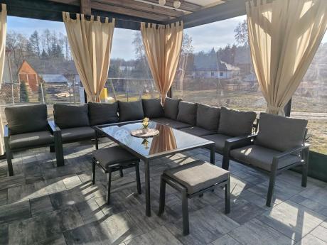 Grafitowe nowoczesne meble tarasowe dla 10 osób Sodor Corner XXL narożnik z 2 fotelami i 2 pufami - Dark Grey