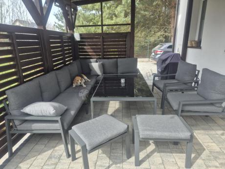 Grafitowe nowoczesne meble tarasowe dla 10 osób Sodor Corner XXL narożnik z 2 fotelami i 2 pufami - Dark Grey