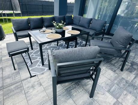 Grafitowe nowoczesne meble tarasowe dla 10 osób Sodor Corner XXL narożnik z 2 fotelami i 2 pufami - Dark Grey