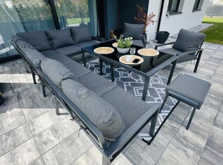 Grafitowe nowoczesne meble tarasowe dla 10 osób Sodor Corner XXL narożnik z 2 fotelami i 2 pufami - Dark Grey