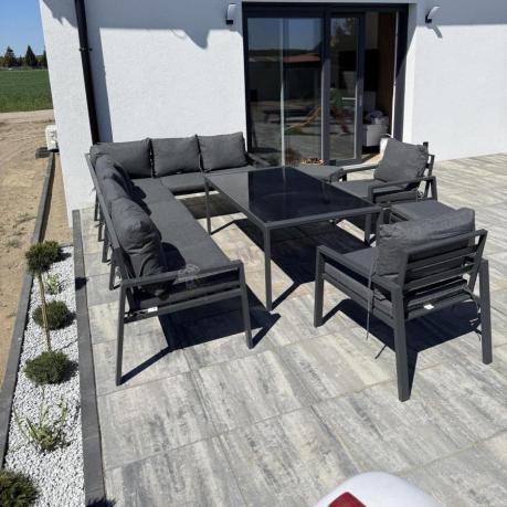 Grafitowe nowoczesne meble tarasowe dla 10 osób Sodor Corner XXL narożnik z 2 fotelami i 2 pufami - Dark Grey