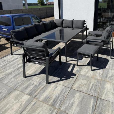 Grafitowe nowoczesne meble tarasowe dla 10 osób Sodor Corner XXL narożnik z 2 fotelami i 2 pufami - Dark Grey