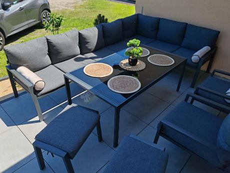 Grafitowe nowoczesne meble tarasowe dla 10 osób Sodor Corner XXL narożnik z 2 fotelami i 2 pufami - Dark Grey