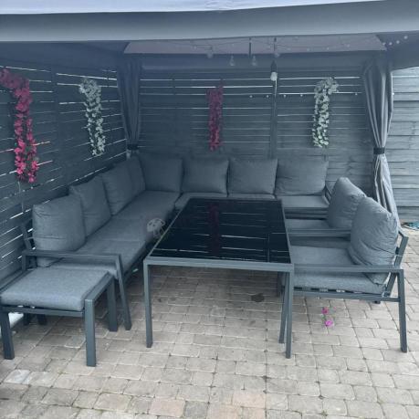Grafitowe nowoczesne meble tarasowe dla 10 osób Sodor Corner XXL narożnik z 2 fotelami i 2 pufami - Dark Grey