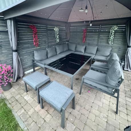 Grafitowe nowoczesne meble tarasowe dla 10 osób Sodor Corner XXL narożnik z 2 fotelami i 2 pufami - Dark Grey