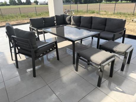 Grafitowe nowoczesne meble tarasowe dla 10 osób Sodor Corner XXL narożnik z 2 fotelami i 2 pufami - Dark Grey
