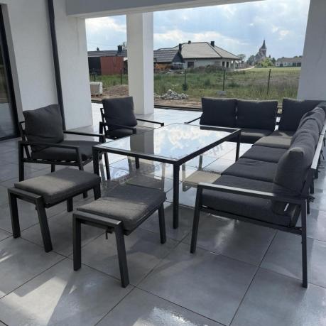 Grafitowe nowoczesne meble tarasowe dla 10 osób Sodor Corner XXL narożnik z 2 fotelami i 2 pufami - Dark Grey