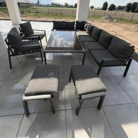 Grafitowe nowoczesne meble tarasowe dla 10 osób Sodor Corner XXL narożnik z 2 fotelami i 2 pufami - Dark Grey