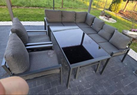 Grafitowe nowoczesne meble tarasowe dla 10 osób Sodor Corner XXL narożnik z 2 fotelami i 2 pufami - Dark Grey