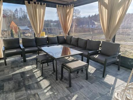 Grafitowe nowoczesne meble tarasowe dla 10 osób Sodor Corner XXL narożnik z 2 fotelami i 2 pufami - Dark Grey