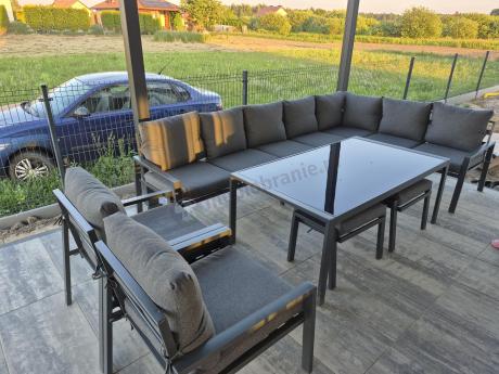 Grafitowe nowoczesne meble tarasowe dla 10 osób Sodor Corner XXL narożnik z 2 fotelami i 2 pufami - Dark Grey