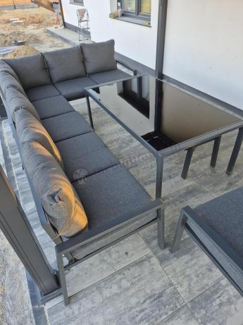 Grafitowe nowoczesne meble tarasowe dla 10 osób Sodor Corner XXL narożnik z 2 fotelami i 2 pufami - Dark Grey