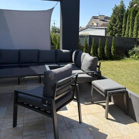 Grafitowe nowoczesne meble tarasowe dla 10 osób Sodor Corner XXL narożnik z 2 fotelami i 2 pufami - Dark Grey