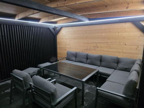 Grafitowe nowoczesne meble tarasowe dla 10 osób Sodor Corner XXL narożnik z 2 fotelami i 2 pufami - Dark Grey