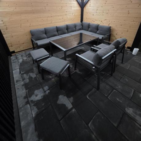 Grafitowe nowoczesne meble tarasowe dla 10 osób Sodor Corner XXL narożnik z 2 fotelami i 2 pufami - Dark Grey