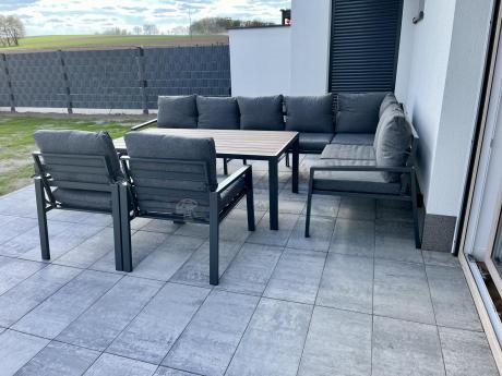 Grafitowe nowoczesne meble tarasowe dla 10 osób Sodor Corner XXL narożnik z 2 fotelami i 2 pufami - Dark Grey Polywoo