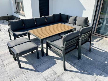Grafitowe nowoczesne meble tarasowe dla 10 osób Sodor Corner XXL narożnik z 2 fotelami i 2 pufami - Dark Grey Polywoo