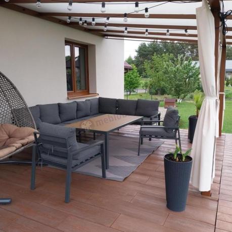 Grafitowe nowoczesne meble tarasowe dla 10 osób Sodor Corner XXL narożnik z 2 fotelami i 2 pufami - Dark Grey Polywoo