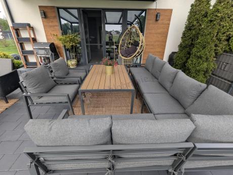Grafitowe nowoczesne meble tarasowe dla 10 osób Sodor Corner XXL narożnik z 2 fotelami i 2 pufami - Dark Grey Polywoo