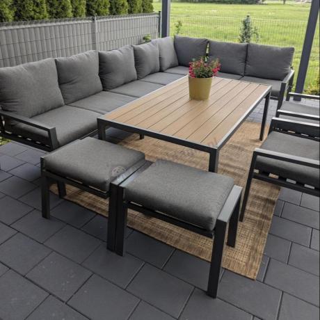 Grafitowe nowoczesne meble tarasowe dla 10 osób Sodor Corner XXL narożnik z 2 fotelami i 2 pufami - Dark Grey Polywoo