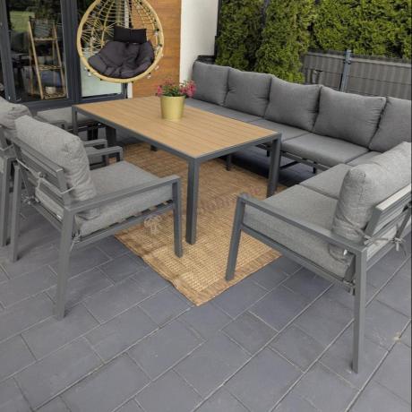 Grafitowe nowoczesne meble tarasowe dla 10 osób Sodor Corner XXL narożnik z 2 fotelami i 2 pufami - Dark Grey Polywoo