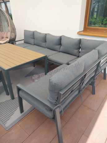 Grafitowe nowoczesne meble tarasowe dla 10 osób Sodor Corner XXL narożnik z 2 fotelami i 2 pufami - Dark Grey Polywoo