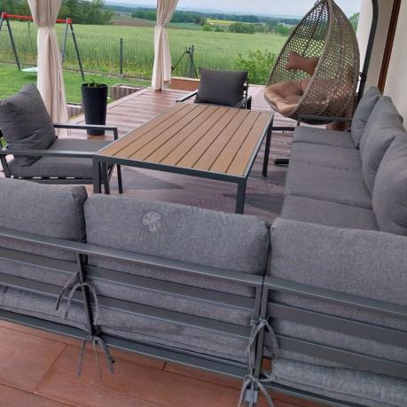 Grafitowe nowoczesne meble tarasowe dla 10 osób Sodor Corner XXL narożnik z 2 fotelami i 2 pufami - Dark Grey Polywoo