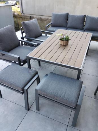 Grafitowe nowoczesne meble tarasowe dla 10 osób Sodor Corner XXL narożnik z 2 fotelami i 2 pufami - Dark Grey Polywoo