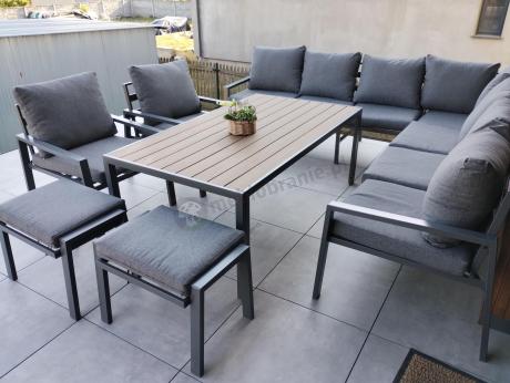 Grafitowe nowoczesne meble tarasowe dla 10 osób Sodor Corner XXL narożnik z 2 fotelami i 2 pufami - Dark Grey Polywoo