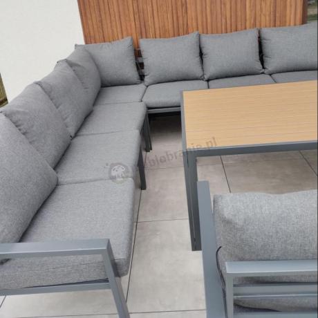 Grafitowe nowoczesne meble tarasowe dla 10 osób Sodor Corner XXL narożnik z 2 fotelami i 2 pufami - Dark Grey Polywoo