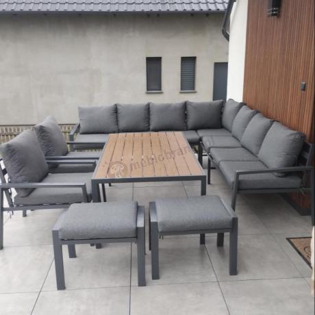 Grafitowe nowoczesne meble tarasowe dla 10 osób Sodor Corner XXL narożnik z 2 fotelami i 2 pufami - Dark Grey Polywoo