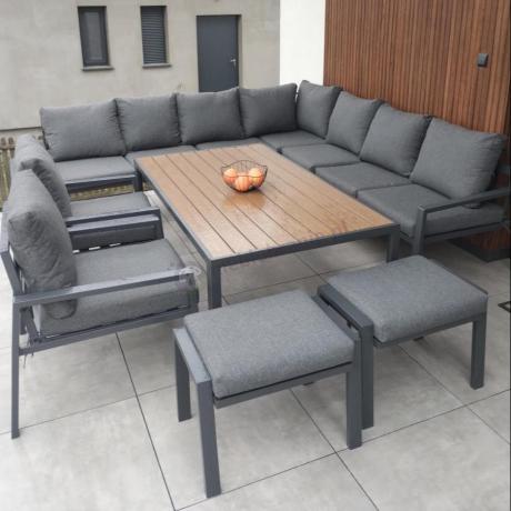 Grafitowe nowoczesne meble tarasowe dla 10 osób Sodor Corner XXL narożnik z 2 fotelami i 2 pufami - Dark Grey Polywoo