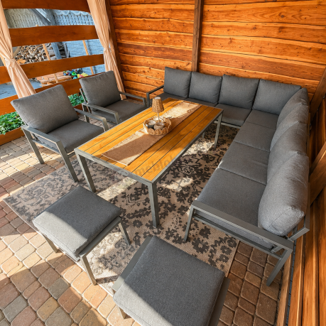 Grafitowe nowoczesne meble tarasowe dla 10 osób Sodor Corner XXL narożnik z 2 fotelami i 2 pufami - Dark Grey Polywoo