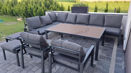 Grafitowe nowoczesne meble tarasowe dla 10 osób Sodor Corner XXL narożnik z 2 fotelami i 2 pufami - Dark Grey Polywoo