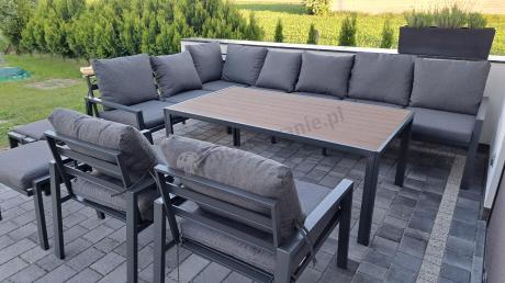 Grafitowe nowoczesne meble tarasowe dla 10 osób Sodor Corner XXL narożnik z 2 fotelami i 2 pufami - Dark Grey Polywoo