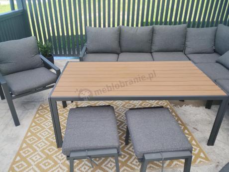 Grafitowe nowoczesne meble tarasowe dla 10 osób Sodor Corner XXL narożnik z 2 fotelami i 2 pufami - Dark Grey Polywoo