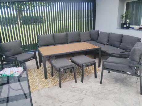 Grafitowe nowoczesne meble tarasowe dla 10 osób Sodor Corner XXL narożnik z 2 fotelami i 2 pufami - Dark Grey Polywoo