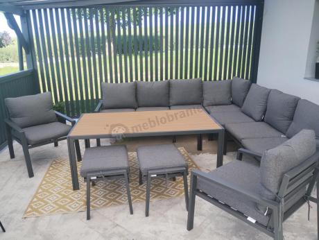 Grafitowe nowoczesne meble tarasowe dla 10 osób Sodor Corner XXL narożnik z 2 fotelami i 2 pufami - Dark Grey Polywoo