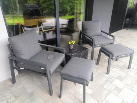 Grafitowe nowoczesne meble tarasowe dla 10 osób Sodor Corner XXL narożnik z 2 fotelami i 2 pufami - Dark Grey Polywoo