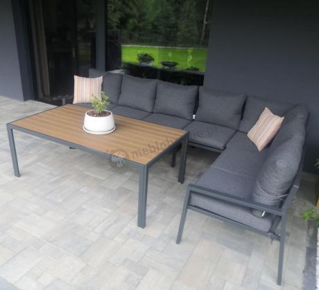 Grafitowe nowoczesne meble tarasowe dla 10 osób Sodor Corner XXL narożnik z 2 fotelami i 2 pufami - Dark Grey Polywoo