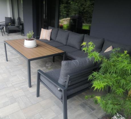 Grafitowe nowoczesne meble tarasowe dla 10 osób Sodor Corner XXL narożnik z 2 fotelami i 2 pufami - Dark Grey Polywoo