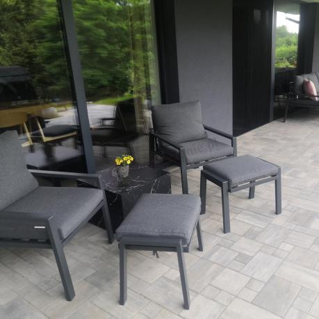 Grafitowe nowoczesne meble tarasowe dla 10 osób Sodor Corner XXL narożnik z 2 fotelami i 2 pufami - Dark Grey Polywoo
