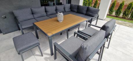 Grafitowe nowoczesne meble tarasowe dla 10 osób Sodor Corner XXL narożnik z 2 fotelami i 2 pufami - Dark Grey Polywoo