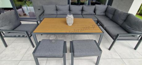 Grafitowe nowoczesne meble tarasowe dla 10 osób Sodor Corner XXL narożnik z 2 fotelami i 2 pufami - Dark Grey Polywoo