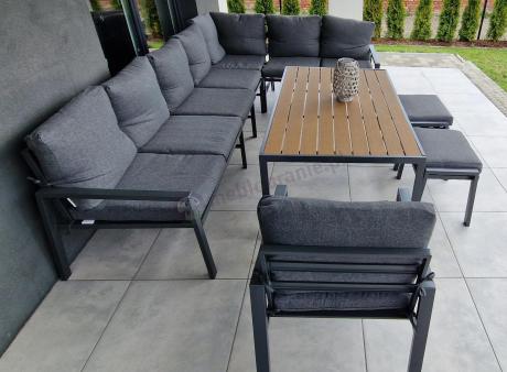 Grafitowe nowoczesne meble tarasowe dla 10 osób Sodor Corner XXL narożnik z 2 fotelami i 2 pufami - Dark Grey Polywoo