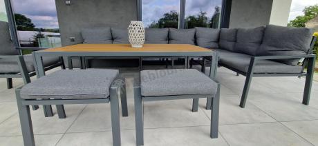 Grafitowe nowoczesne meble tarasowe dla 10 osób Sodor Corner XXL narożnik z 2 fotelami i 2 pufami - Dark Grey Polywoo