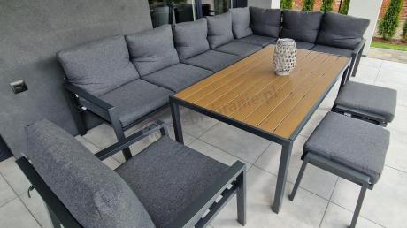 Grafitowe nowoczesne meble tarasowe dla 10 osób Sodor Corner XXL narożnik z 2 fotelami i 2 pufami - Dark Grey Polywoo